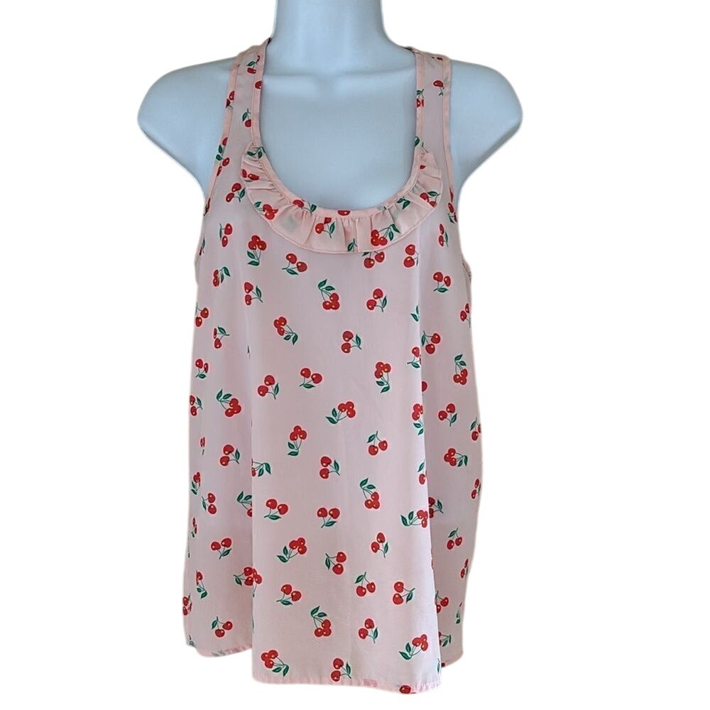 Vintage Pink Barbiecore‎ Kidcore Ruffled Cherries Blouse sheer tank top medium
